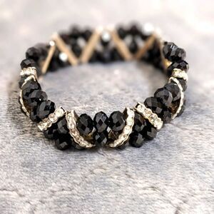 Vintage Black Crystal Bead Stretchy Bracelet with Rhinestone Accents